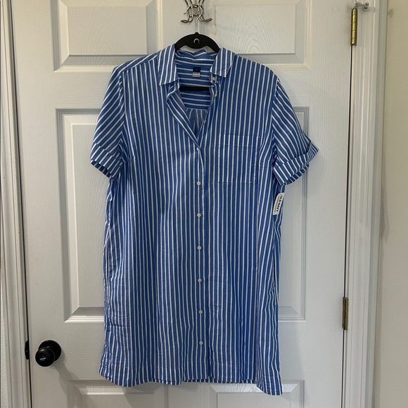 Blue and White Striped Button-Up Shirt Dress - Picture 2 of 6